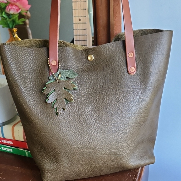 KMM & Co Olive Green Cypress Tote with Leaf Charm And Copper Hardware - Picture 1 of 16